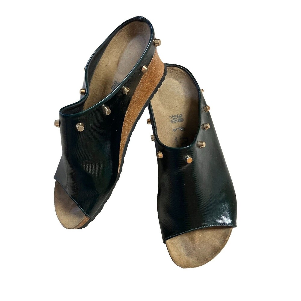 Birkenstock Papillio Glossy Dark Green Mule Clogs Studded Open Toe Size 7 / 38